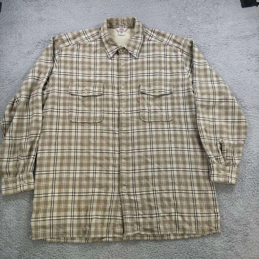 Levi's Dry Goods‎ Shirt Men's L Beige Plaid Long Sleeve Button Up Flannel